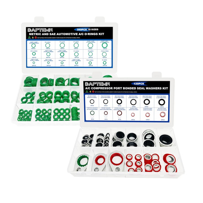 Daptemn 390 PCS Air Conditioning Compressor O Rings and 120 PCS A/C Sealing Washers Kit, 30 Size Air Conditioning Compressor Port Gasket, Repairs Automotive Air Conditioning Systems Bonded Washer - Image 1